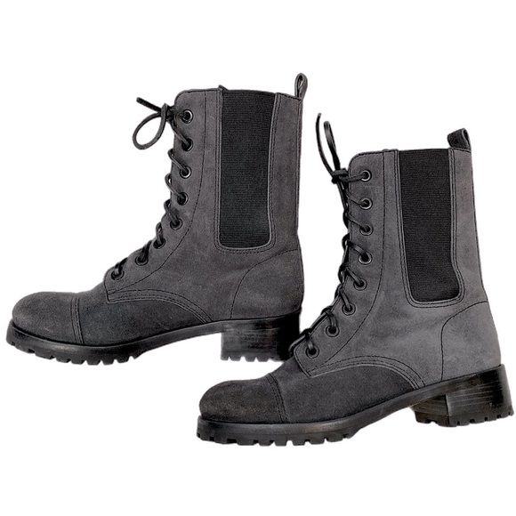 Tory Burch Gray Broome Suede Leather Lace Up Combat Boots size 7.5 - Picture 2 of 11